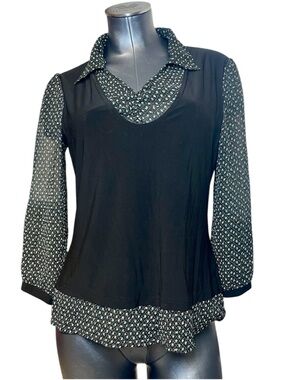 Christine Gerard Black Layered Look Blouse Women’s M Sheer Floral Collared